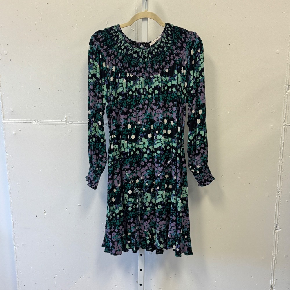 LOFT Floral Smocked Long Sleeve Flowy Mini Dress with Tie Black Green Purple Med